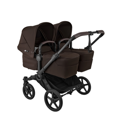 Donkey twin pushchair in cocoa brown with matching accessories and atonB2 car seats and bases