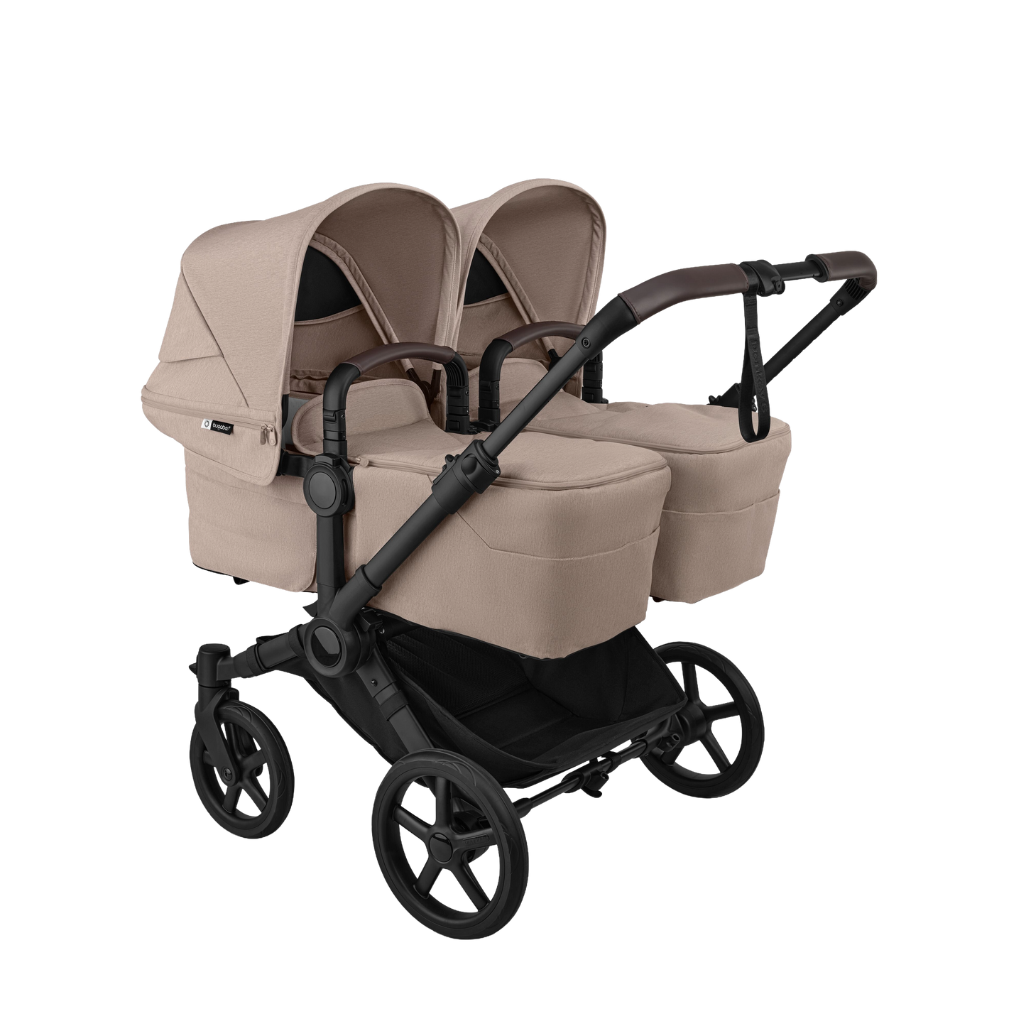 Donkey twin pushchair in desert taupe beige with matching accessories and atonB2 car seats and bases
