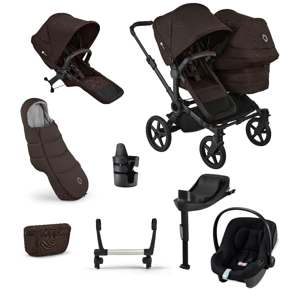 Donkey double pushchair in cocoa brown with matching accessories and atonB2 car seat and base