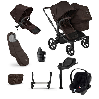 Donkey double pushchair in cocoa brown with matching accessories and atonB2 car seat and base
