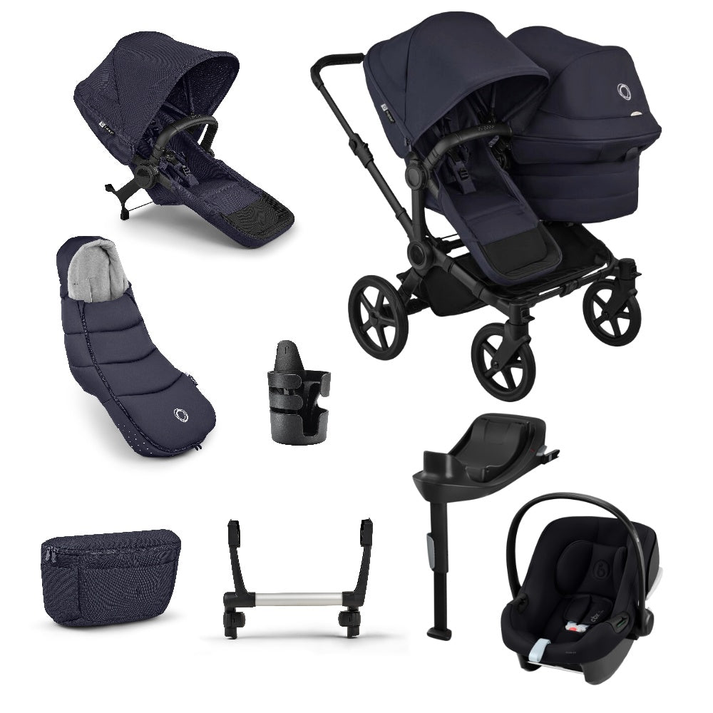 Donkey double pushchair in deep indigo navy with matching accessories and atonB2 car seat and base