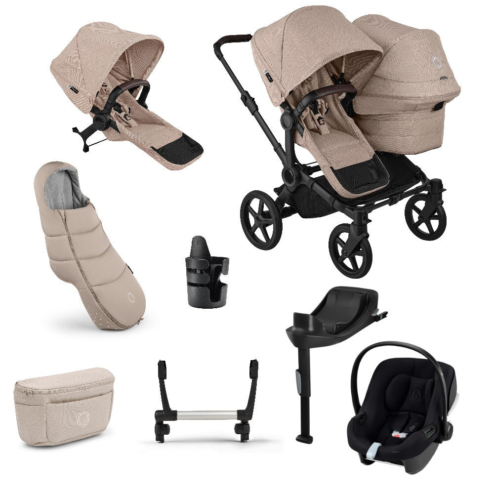 Donkey double pushchair in desert taupe beige with matching accessories and atonB2 car seat and base