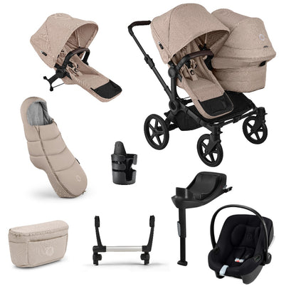 Donkey double pushchair in desert taupe beige with matching accessories and atonB2 car seat and base