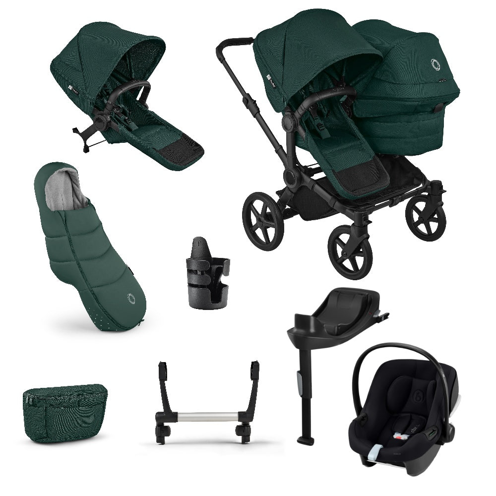 Donkey double pushchair in fern green with matching accessories and atonB2 car seat and base