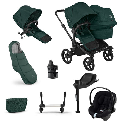 Donkey double pushchair in fern green with matching accessories and atonB2 car seat and base
