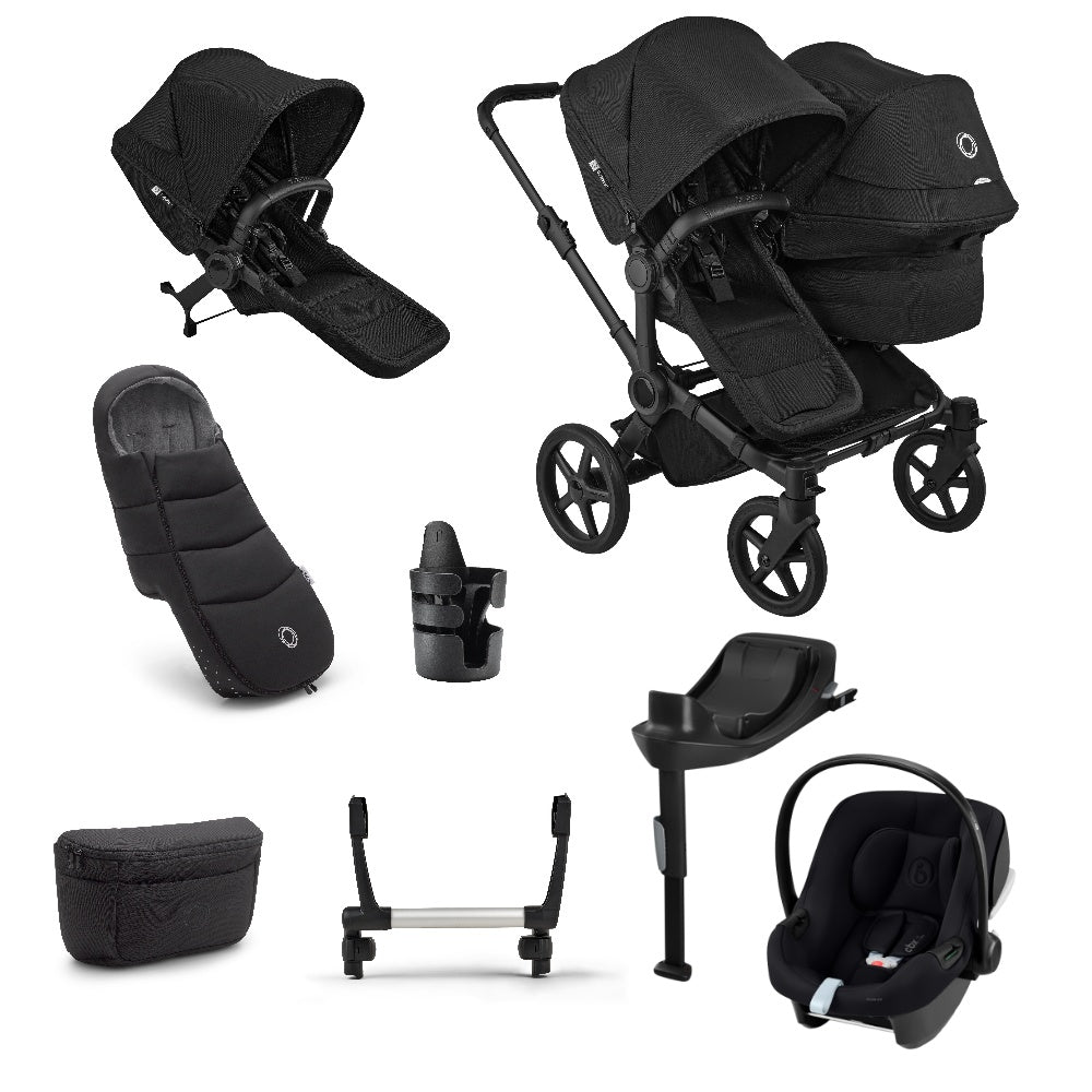 Donkey double pushchair in heritage black with matching accessories and atonB2 car seat and base