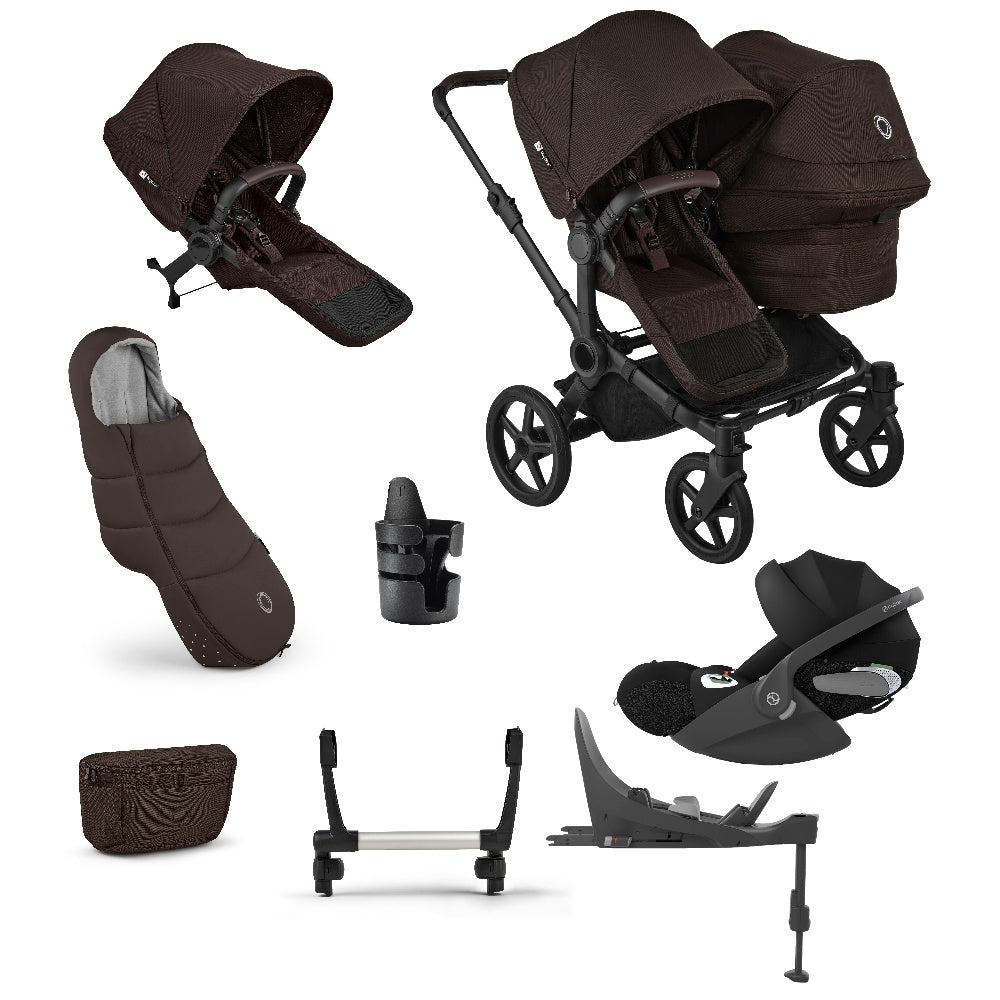 Donkey double pushchair in cocoa brown with matching accessories and cloud t car seat and base