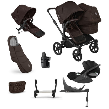 Donkey double pushchair in cocoa brown with matching accessories and cloud t car seat and base
