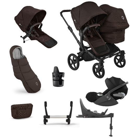 Donkey double pushchair in cocoa brown with matching accessories and cloud t car seat and base