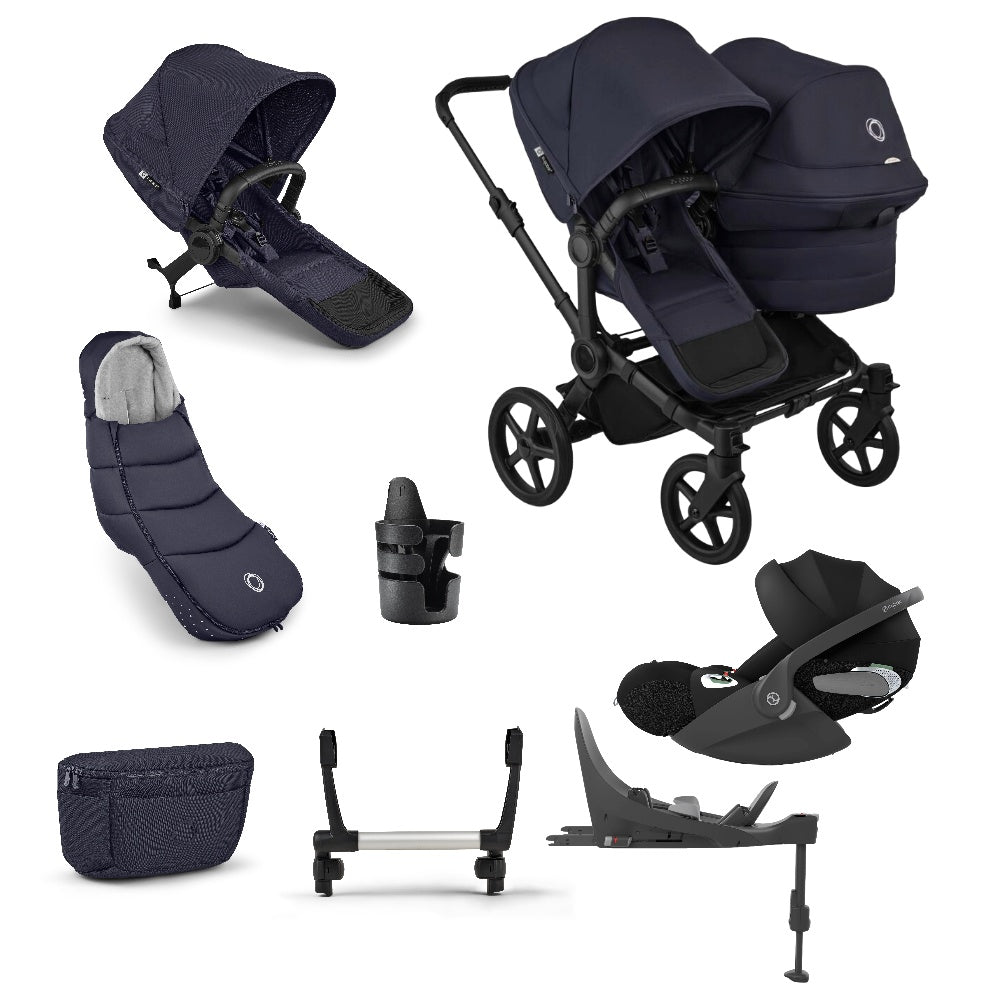 Donkey double pushchair in deep indigo navy with matching accessories and cloud t car seat and base
