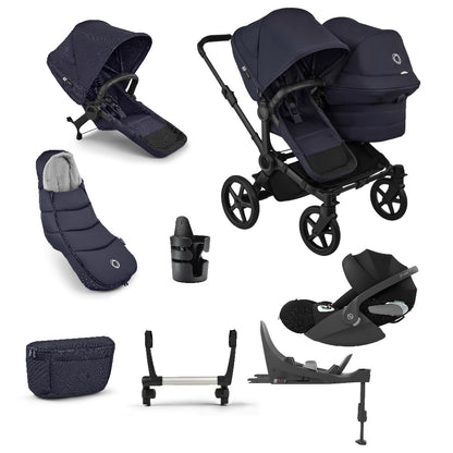 Donkey double pushchair in deep indigo navy with matching accessories and cloud t car seat and base