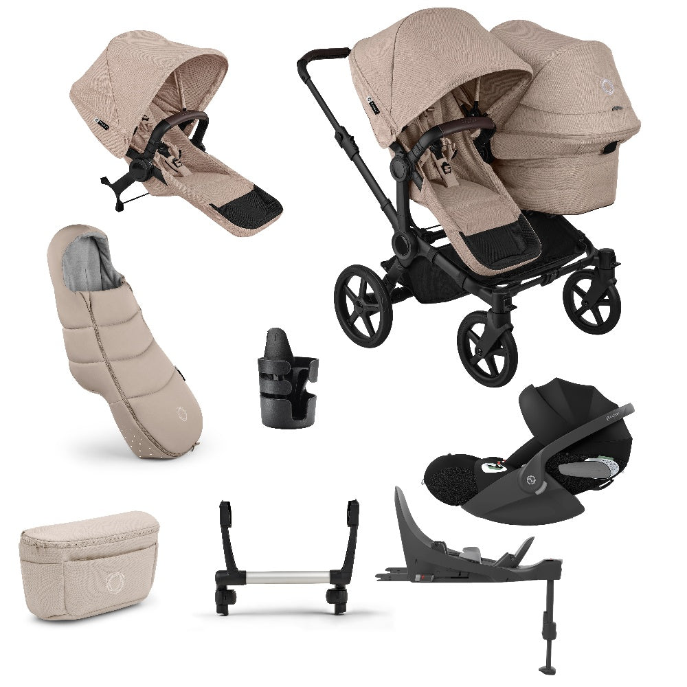 Donkey double pushchair in desert taupe beige with matching accessories and cloud t car seat and base