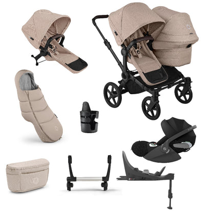 Donkey double pushchair in desert taupe beige with matching accessories and cloud t car seat and base