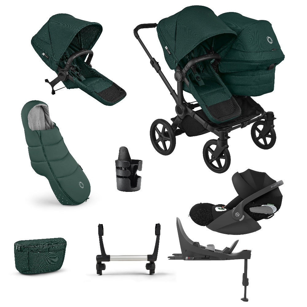 Donkey double pushchair in fern green with matching accessories and cloud t car seat and base