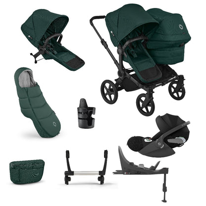 Donkey double pushchair in fern green with matching accessories and cloud t car seat and base