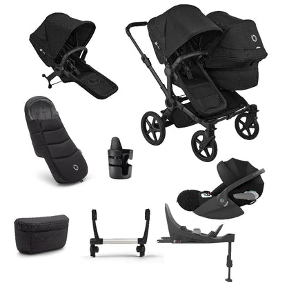 Donkey double pushchair in heritage black with matching accessories and cloud t car seat and base