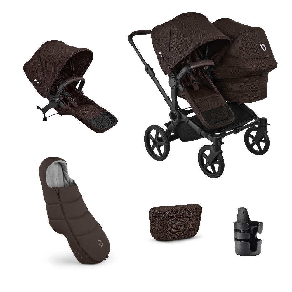 Bugaboo donkey double pushchair and accessories in cocoa brown.