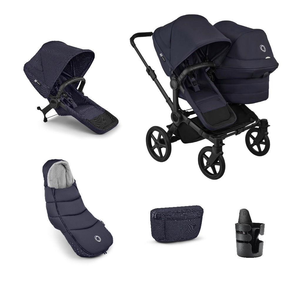 Bugaboo donkey double pushchair and accessories in deep indigo navy.