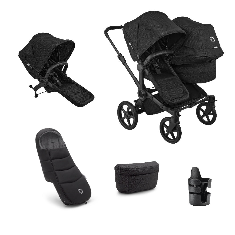 Bugaboo donkey double pushchair and accessories in heritage black.