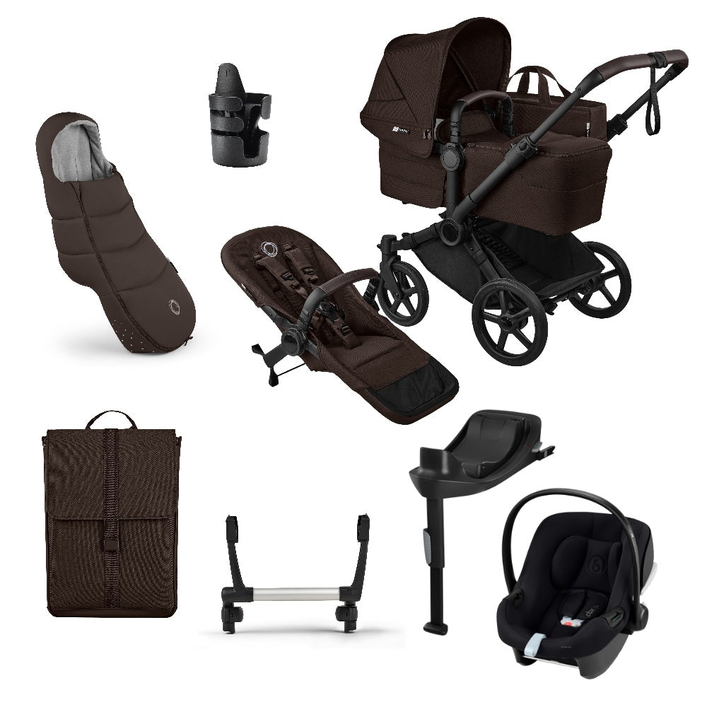 Donkey single pushchair and carrycot bundle in cocoa brown with accessories and aton b2car seat and base.