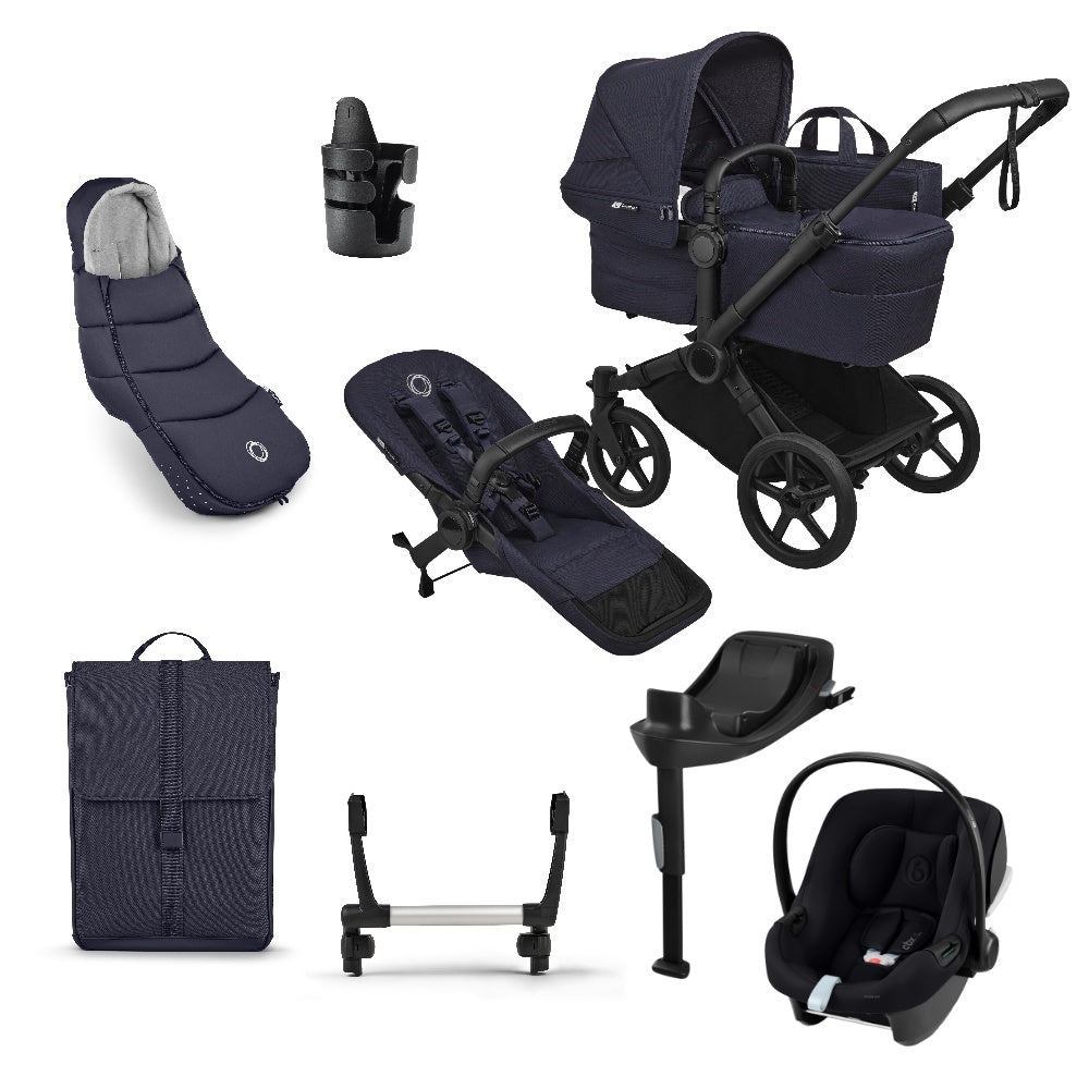 Donkey single pushchair and carrycot bundle in deep indigo navy with accessories and aton b2car seat and base.