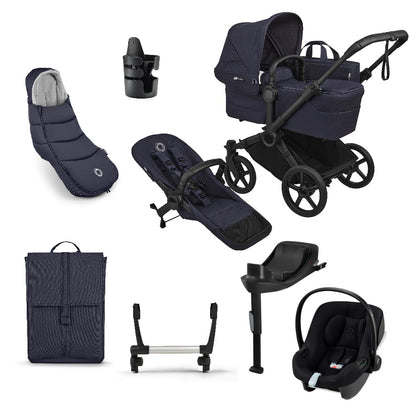 Donkey single pushchair and carrycot bundle in deep indigo navy with accessories and aton b2car seat and base.