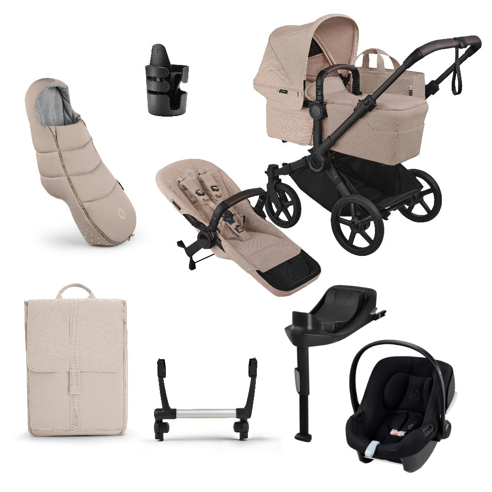 Donkey single pushchair and carrycot bundle in desert taupe beige navy with accessories and aton b2car seat and base.