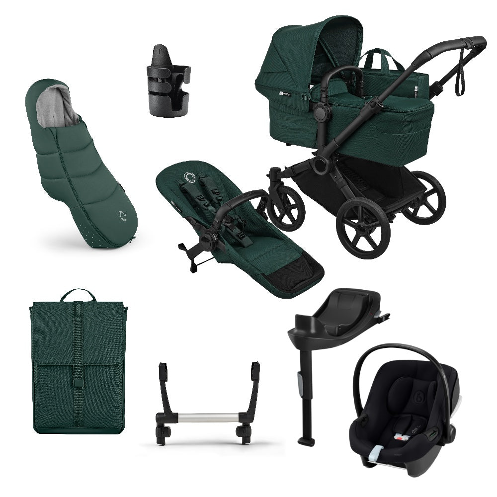 Donkey single pushchair and carrycot bundle in fern green with accessories and aton b2car seat and base.