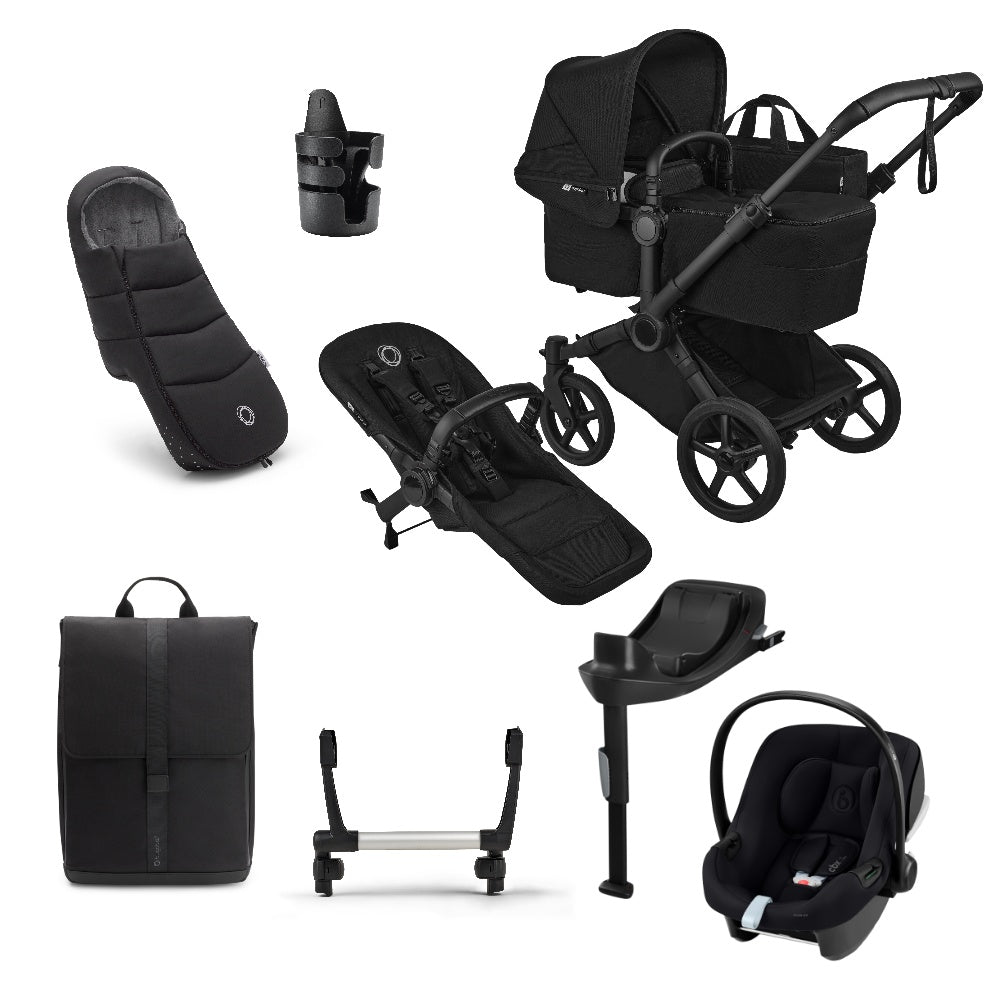 Donkey single pushchair and carrycot bundle in heritage black with accessories and aton b2car seat and base.