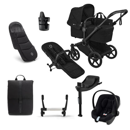 Donkey single pushchair and carrycot bundle in heritage black with accessories and aton b2car seat and base.
