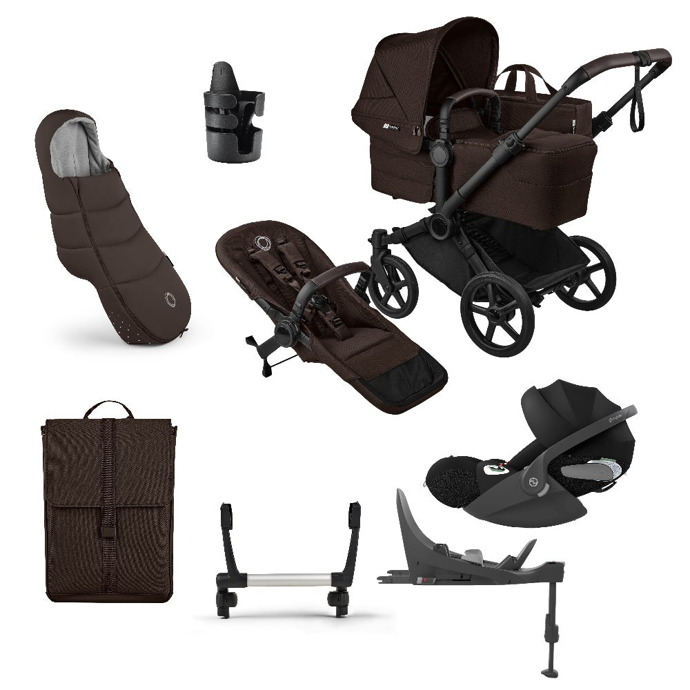 Donkey single pushchair and carrycot bundle in cocoa brown with accessories and clout car seat and base.