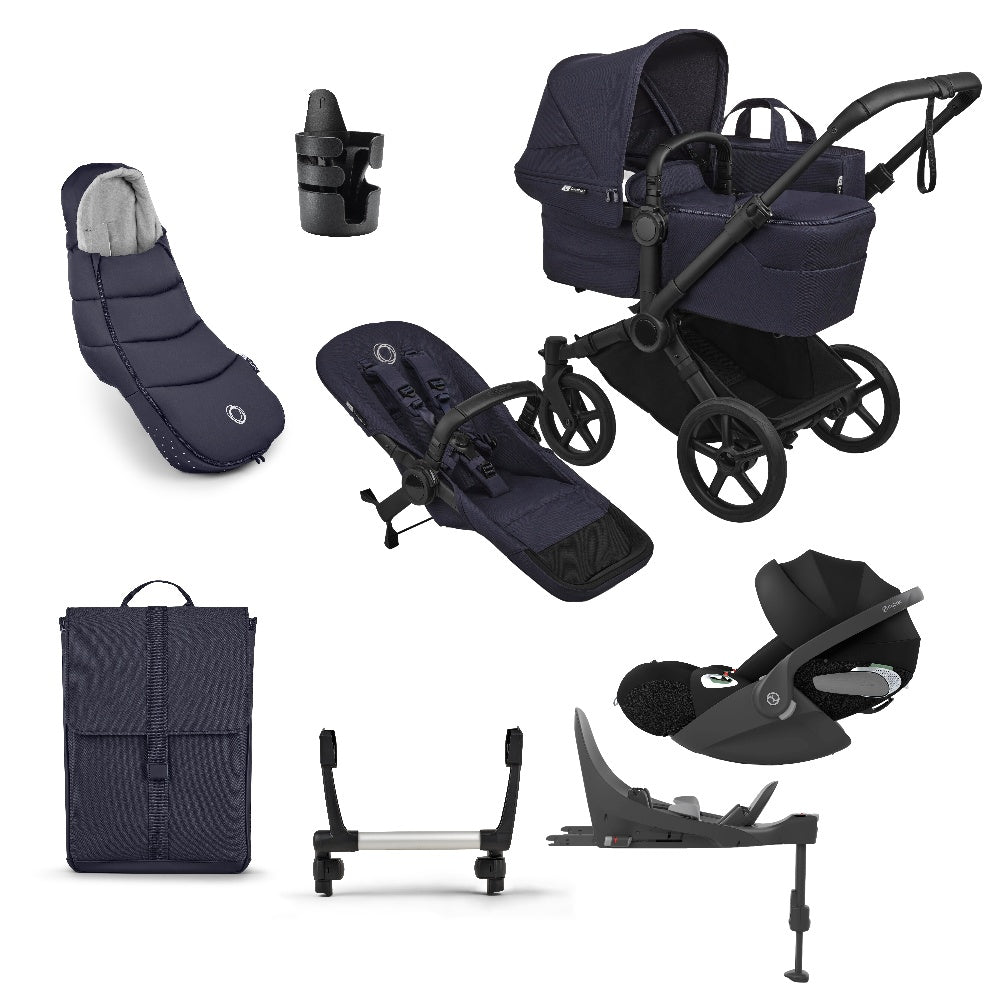 Donkey single pushchair and carrycot bundle in deep indigo navy with accessories and clout car seat and base.