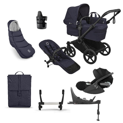 Donkey single pushchair and carrycot bundle in deep indigo navy with accessories and clout car seat and base.