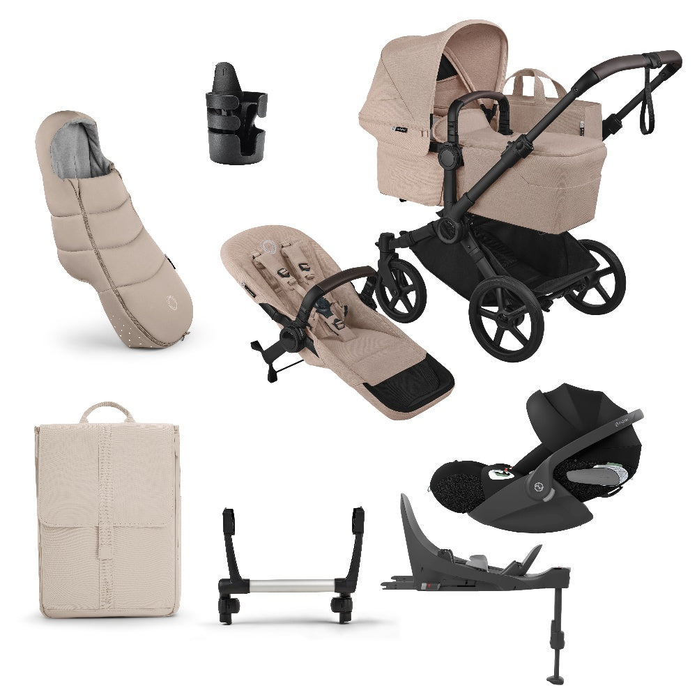 Donkey single pushchair and carrycot bundle in desert taupe beige with accessories and clout car seat and base.