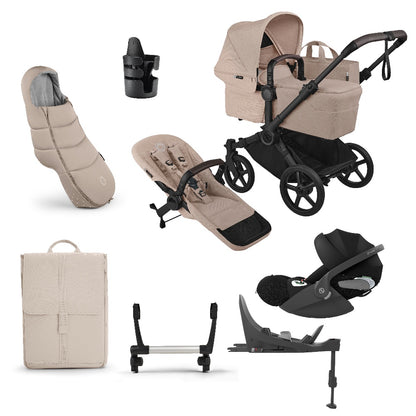 Donkey single pushchair and carrycot bundle in desert taupe beige with accessories and clout car seat and base.