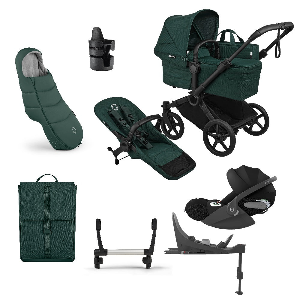 Donkey single pushchair and carrycot bundle in fern green with accessories and clout car seat and base.