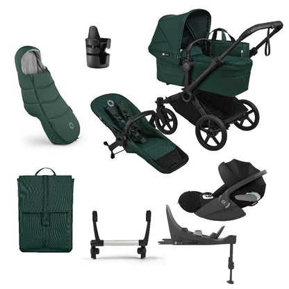 Donkey single pushchair and carrycot bundle in fern green with accessories and clout car seat and base.