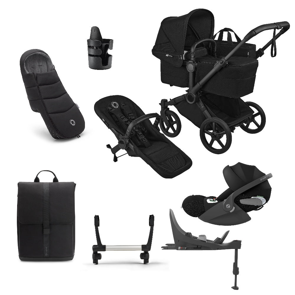 Donkey single pushchair and carrycot bundle in heritage black with accessories and clout car seat and base.