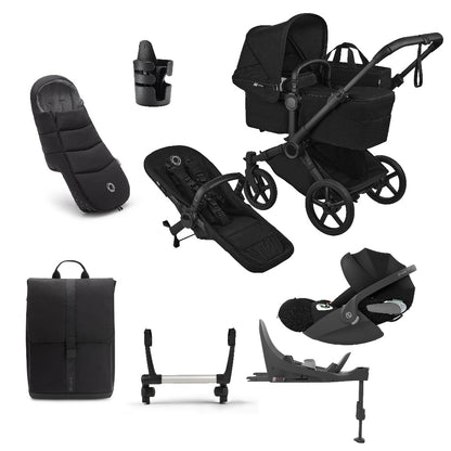 Donkey single pushchair and carrycot bundle in heritage black with accessories and clout car seat and base.