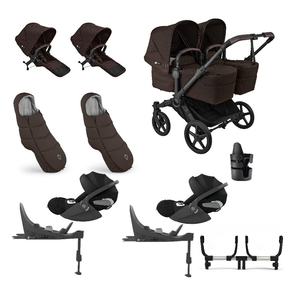 Donkey twin pushchair in cocoa brown with matching accessories and cloud t car seats and bases