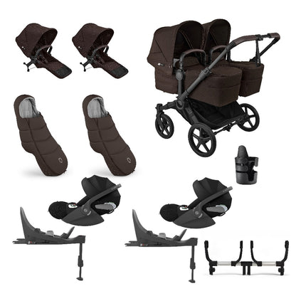 Donkey twin pushchair in cocoa brown with matching accessories and cloud t car seats and bases