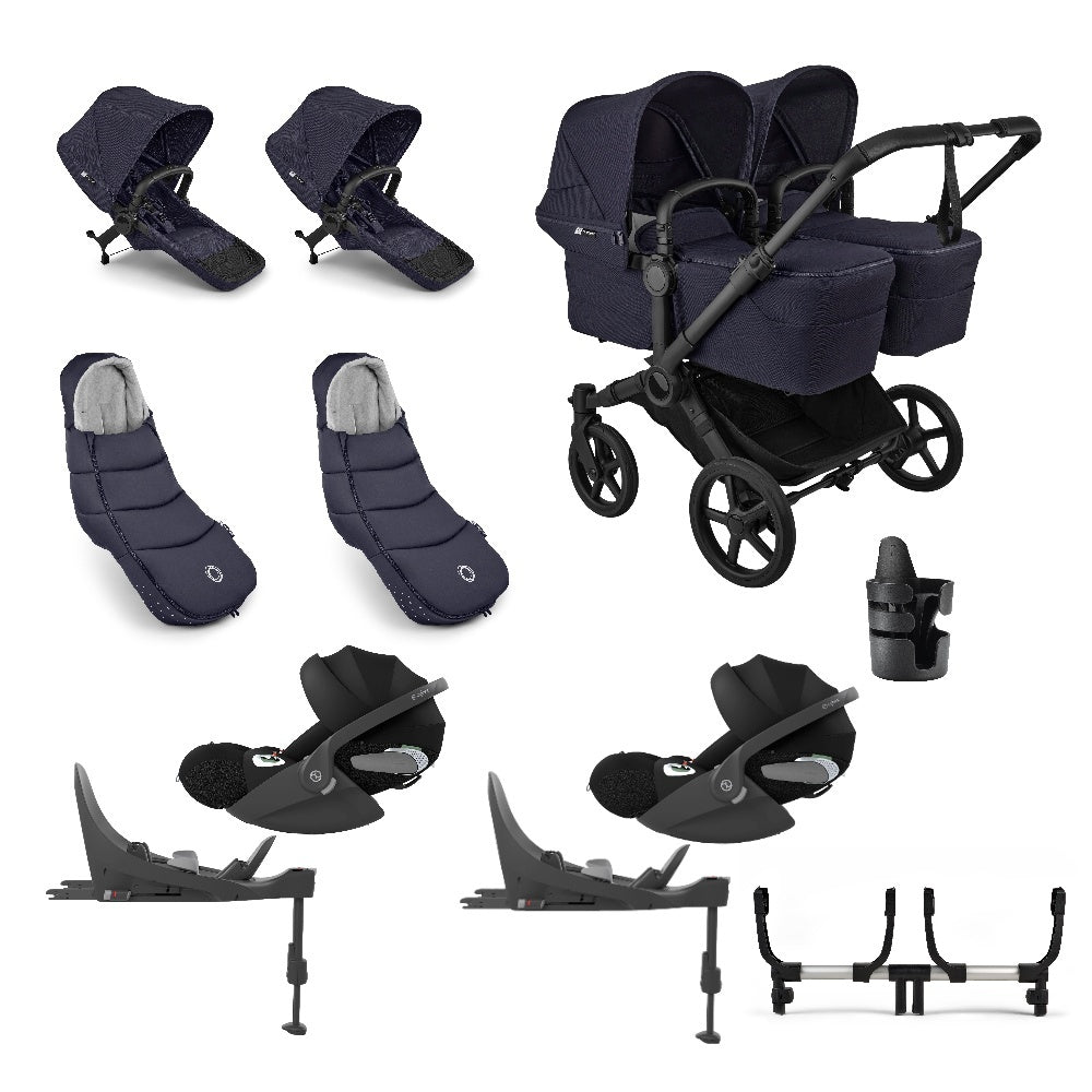 Donkey twin pushchair in deep indigo navy with matching accessories and cloud t car seats and bases