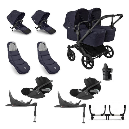 Donkey twin pushchair in deep indigo navy with matching accessories and cloud t car seats and bases