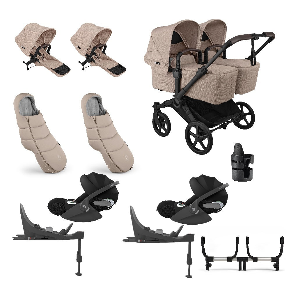 Donkey twin pushchair in desert taupe beige with matching accessories and cloud t car seats and bases