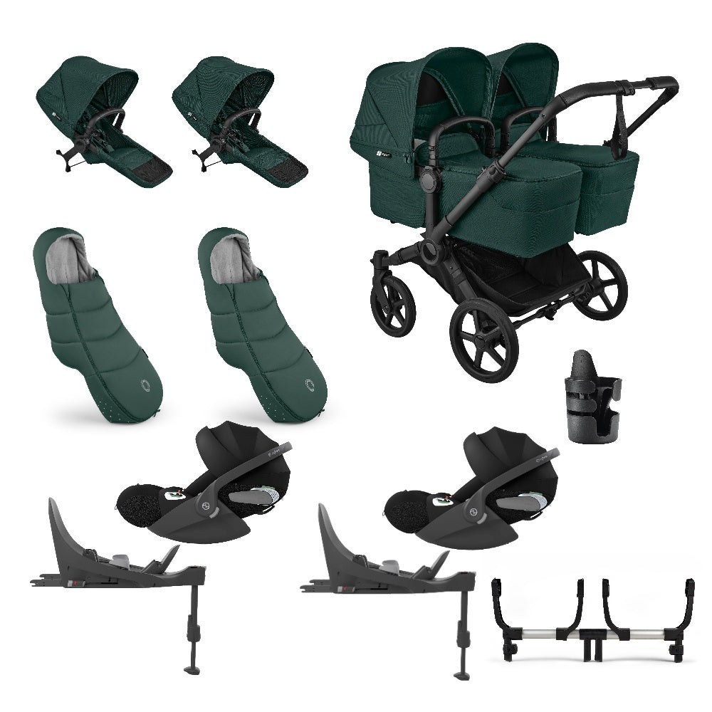 Donkey twin pushchair in fern green with matching accessories and cloud t car seats and bases