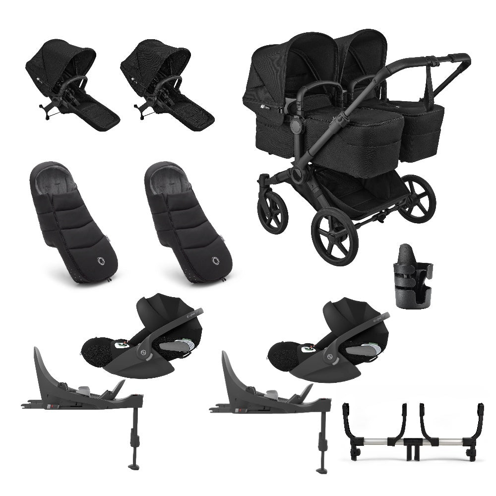 Donkey twin pushchair in heritage black with matching accessories and cloud t car seats and bases