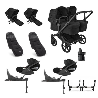 Donkey twin pushchair in heritage black with matching accessories and cloud t car seats and bases