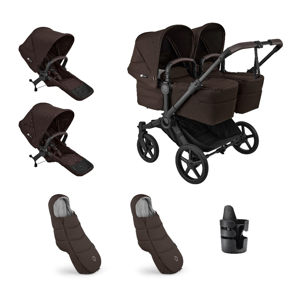 Bugaboo donkey twin pushchair and accessories in cocoa brown.