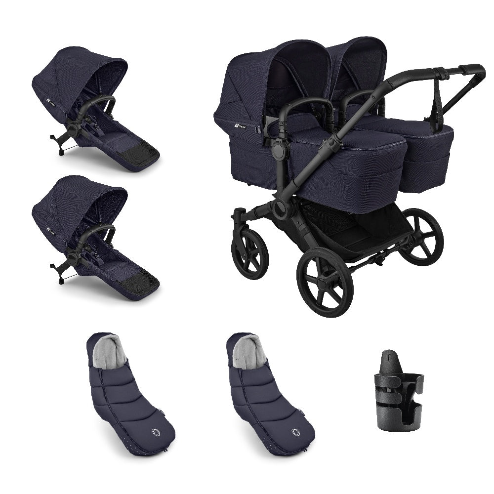 Bugaboo donkey twin pushchair and accessories in deep indigo navy.