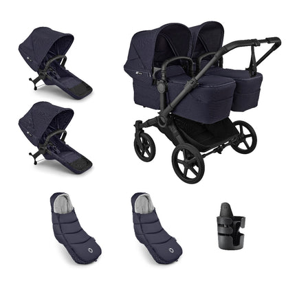 Bugaboo donkey twin pushchair and accessories in deep indigo navy.